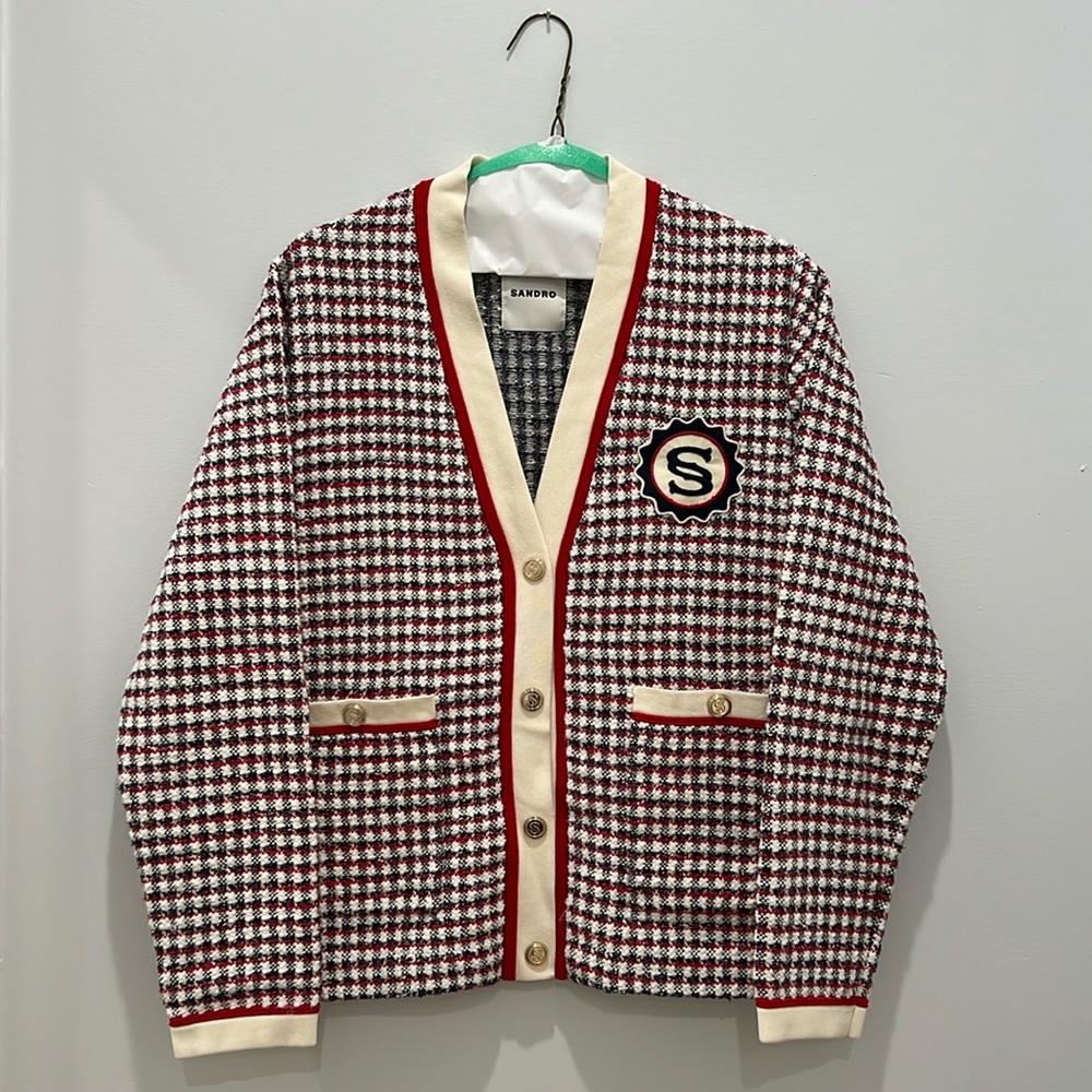 Sandro Red and Cream Houndstooth Cardigan